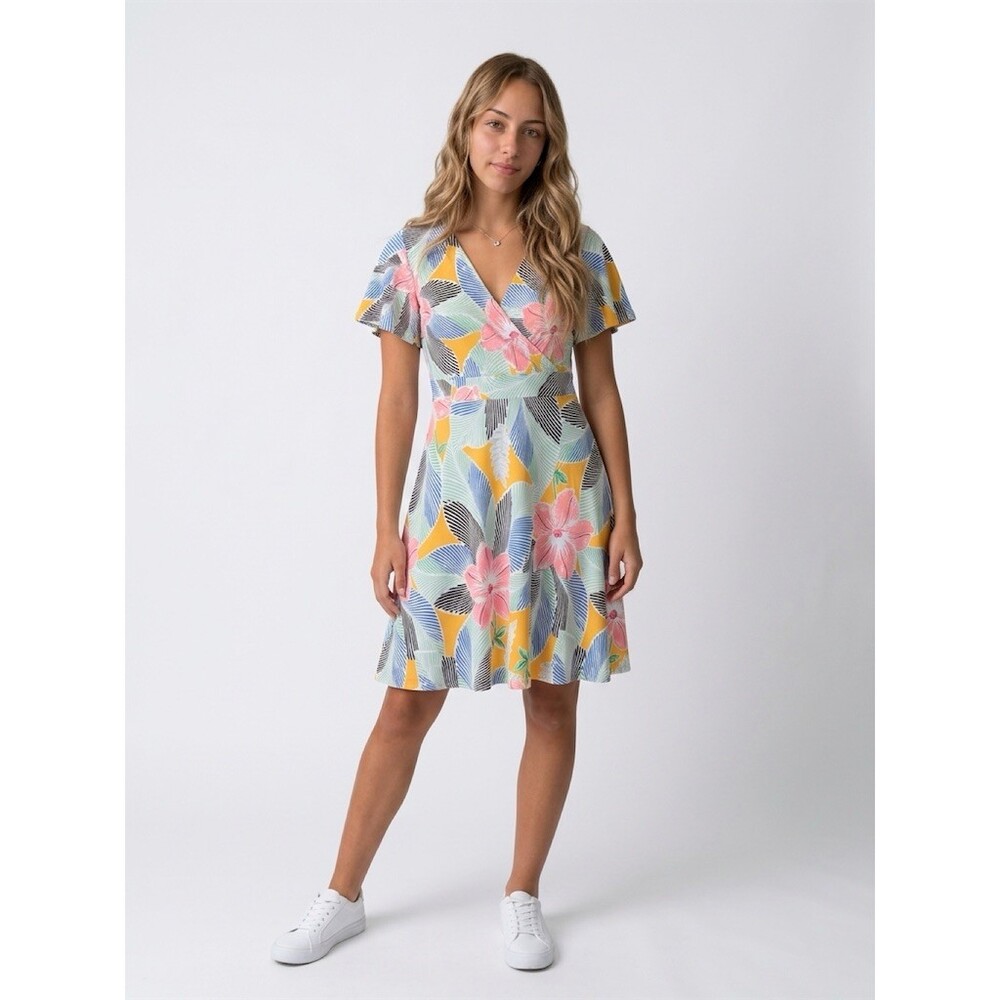 Ann Taylor Factory Dress Womens M Tropical Floral Leaf Faux Wrap Fit &